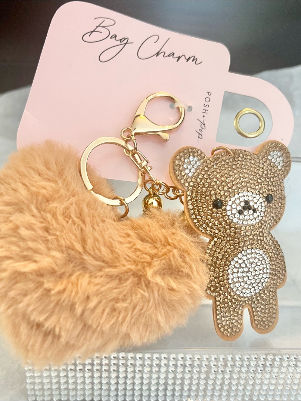Posh Gold Crystal Teddy & Beige Pom Bag Charm NWT